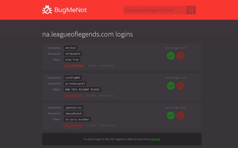 na.leagueoflegends.com passwords - BugMeNot