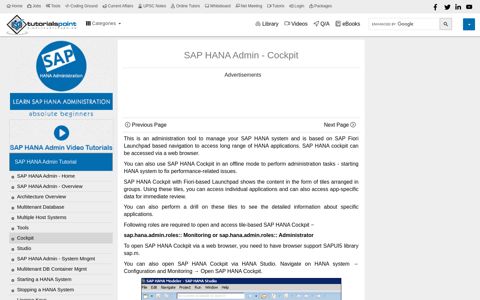 SAP HANA Admin - Cockpit - Tutorialspoint