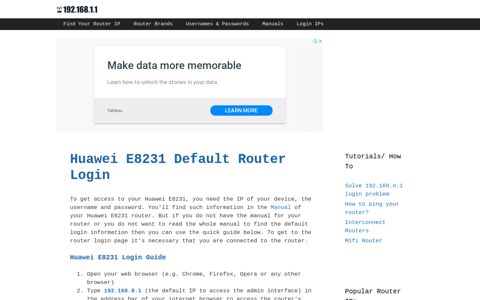 Huawei E8231 - Default login IP, default username & password
