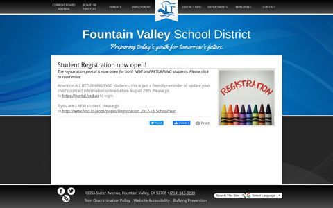 Student Registration now open! - Fountain Valley School District