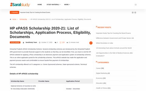 HP ePASS Scholarship 2020-21: List of Scholarships ...
