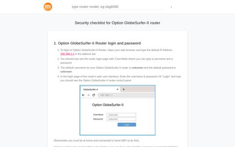 192.168.1.1 - Option GlobeSurfer-II Router login and password