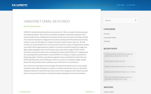 HardyNet Email Restored - Hardy Telecommunications