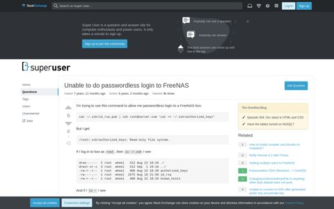 Unable to do passwordless login to FreeNAS - Super User