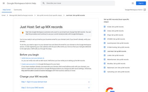 Just Host: Set up MX records - Google Workspace Admin Help