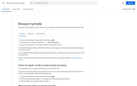 Browse in private - Android - Google Chrome Help