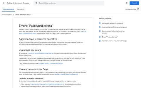 Errore "Password errata" - Guida di Account Google