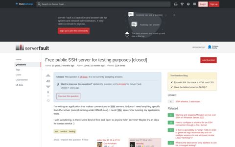 Free public SSH server for testing purposes - Server Fault