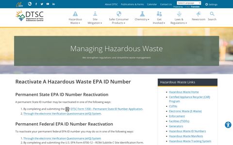 Reactivate A Hazardous Waste EPA ID Number | Department ...