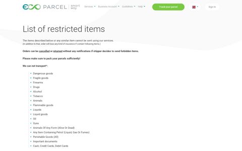 List of restricted items | Ecoparcel
