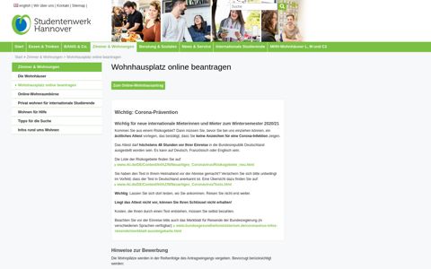 Wohnhausplatz online beantragen- Studentenwerk Hannover