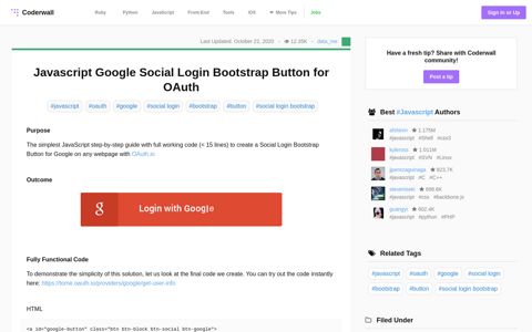 Javascript Google Social Login Bootstrap Button for OAuth ...