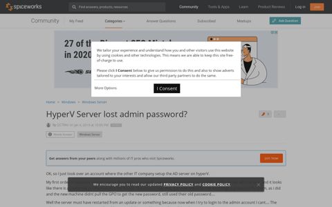 HyperV Server lost admin password? - Windows Server