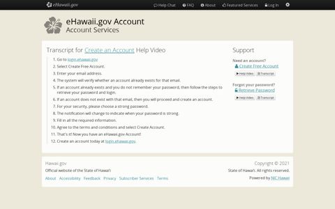 Transcript for Create an Account Help Video - eHawaii.gov
