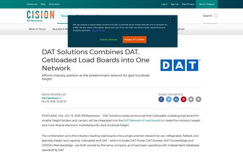 DAT Solutions Combines DAT, Getloaded Load Boards into ...