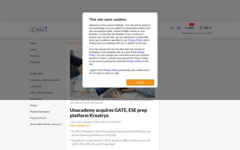 Unacademy acquires GATE, ESE prep platform Kreatryx - Mint