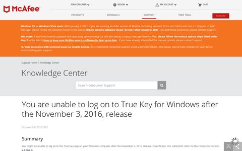 You are unable to log on to True Key for ... - McAfee KB