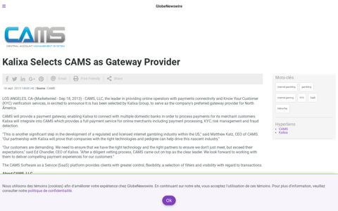 Kalixa Selects CAMS as Gateway Provider - Globe Newswire