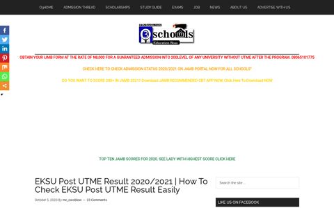 EKSU Post UTME Result 2020/2021 - O3schools