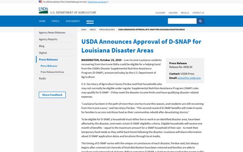 USDA Announces Approval of D-SNAP for Louisiana Disaster ...