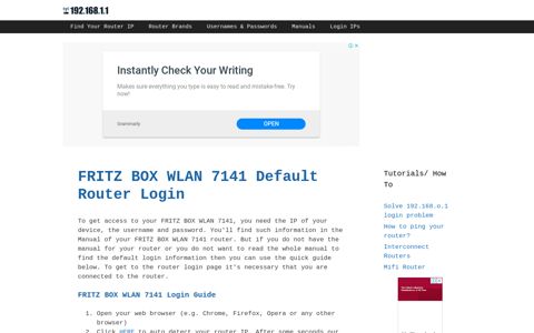FRITZ BOX WLAN 7141 - Default login IP, default username ...