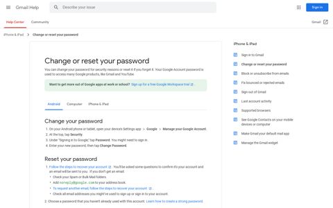 Change or reset your password - Android - Gmail Help