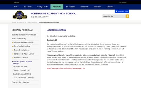 LA Times Subscription - Northridge Academy High School