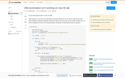 VBA Automation isn't working on new IE tab - Stack Overflow