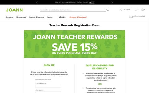 Teacher Rewards Registration Form and more - Joann Fabrics