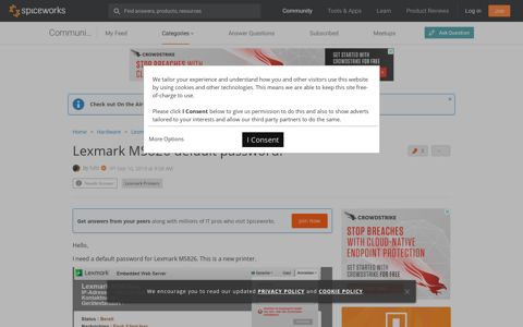 Lexmark MS826 default password. - Spiceworks Community