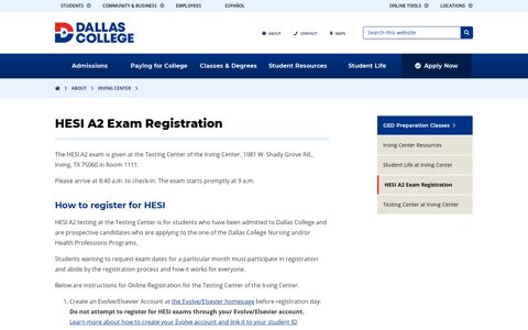 HESI A2 Exam Registration – Irving Center – Dallas College