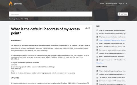 What is the default IP address of my access point? - IgniteNet