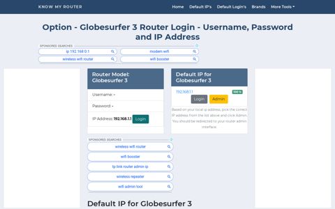 Option - Globesurfer 3 Default Login with Username ...