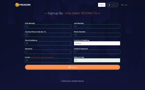 Signup By : Hus Saker NDONGTO || Fricacoin