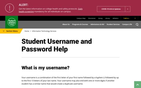 Student Username and Password Help | HVCC