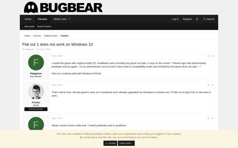 Flat out 1 does not work on Windows 10 | Bugbear Community