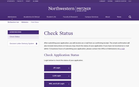 Check Status, Admissions: Northwestern Pritzker School of Law