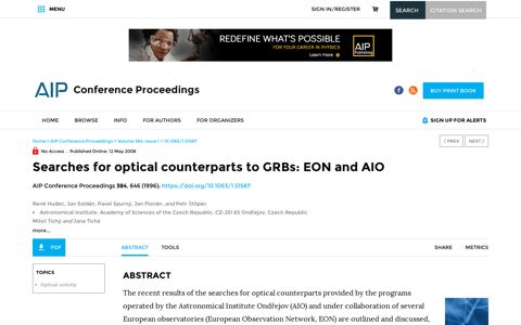 Searches for optical counterparts to GRBs: EON and AIO: AIP ...