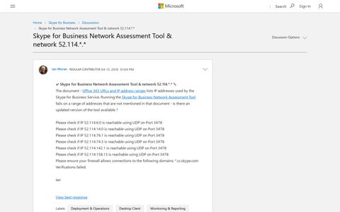 Skype for Business Network Assessment Tool & network 52.114.