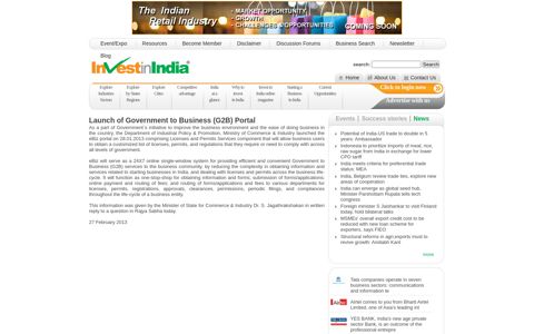 Launch of Government to Business (G2B) Portal | Invest in India