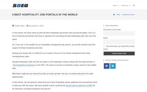 9 Best Hospitality Job Portals in the World | SOEG Career Portal