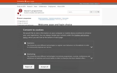 Welcome page and login choice – University of Copenhagen