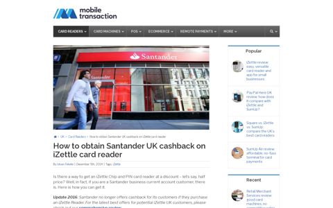 How to obtain Santander UK cashback on the iZettle card reader