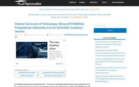 FUTMINNA Postgraduate Admission List 2019/2020 ...