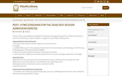 POST-UTME SCREENING FOR THE 2020/2021 SESSION ...
