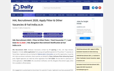 HAL Recruitment 2020, Apply Fitter & Other Vacancies @ hal ...