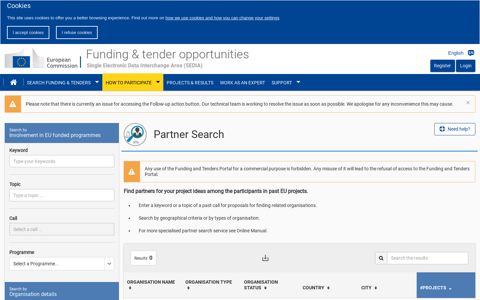 Participant portal partner search - Funding & tenders