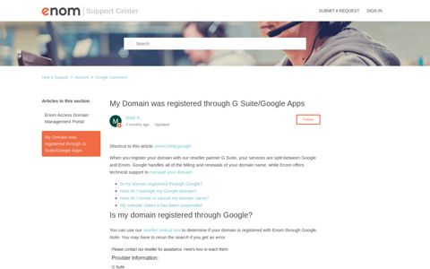 My Domain was registered through G Suite/Google Apps ...