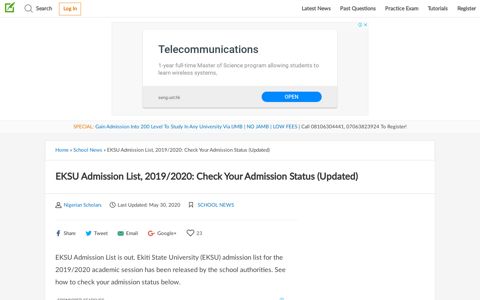 EKSU Admission List, 2019/2020: Check Your Admission Status