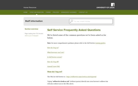 Self Service Frequently Asked Questions - University of Leeds ...
